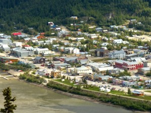 This looks like an aerial view of Dawson City, but it was taken from a mountainside overlooking the Yukon River.
